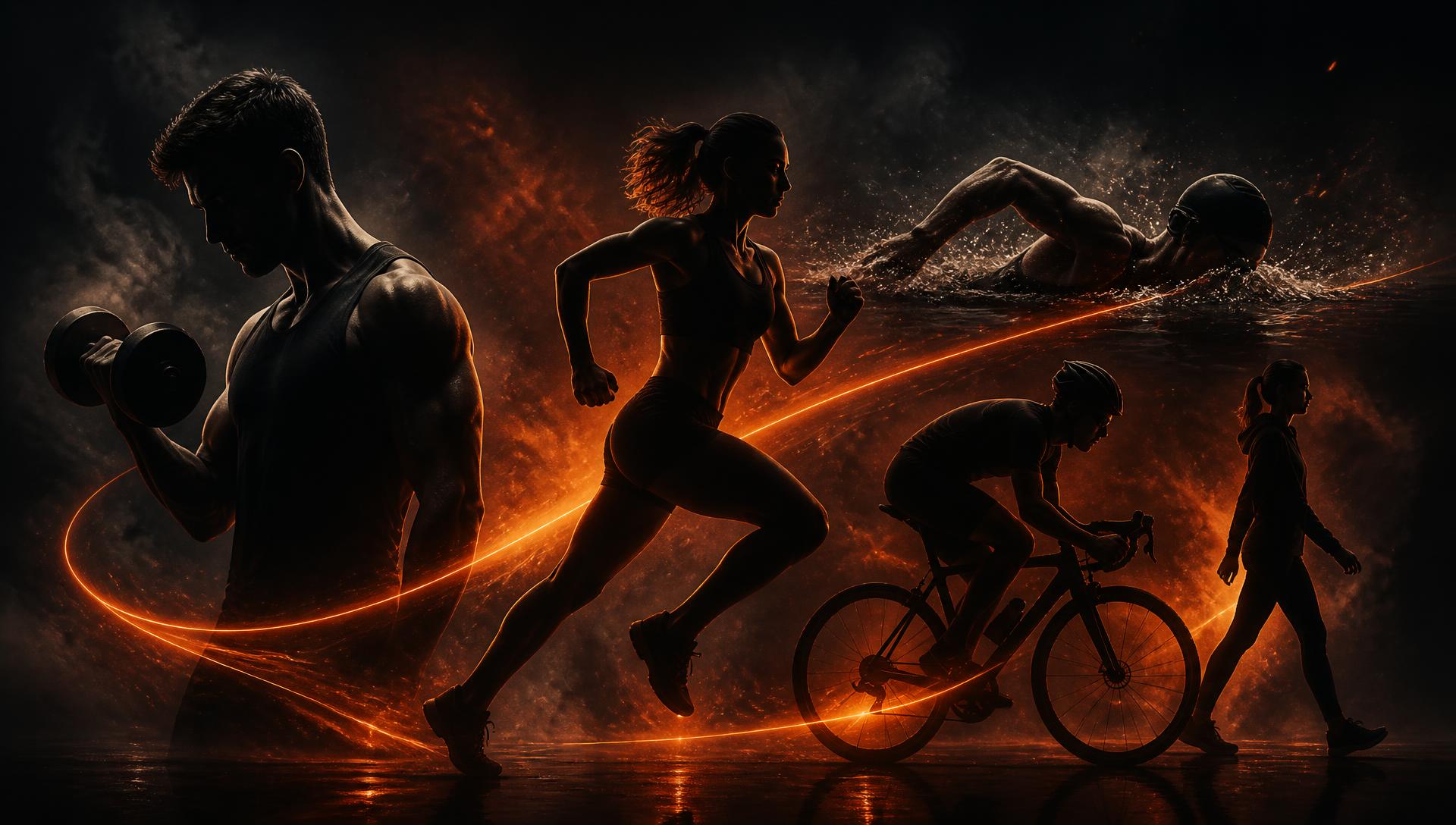 Atletas em musculação, corrida, natação, ciclismo e caminhada